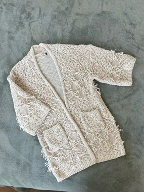 Anthropologie Cream Open-Front Textured Knit Cardigan